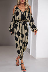 Graphic Print Stretch Waist Tie Long Sleeve Jumpsuit